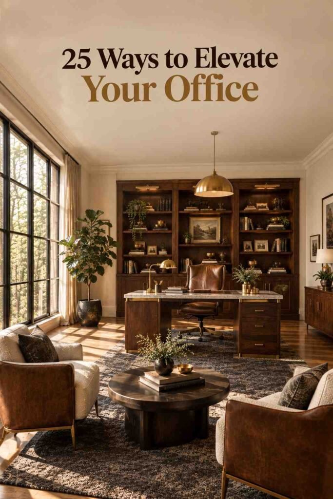 Luxury Home Office Ideas to Elevate Your Workspace in 2026 7 Wide view of a warm, minimalist luxury home office with walnut furniture, brass accents, and large windows.
