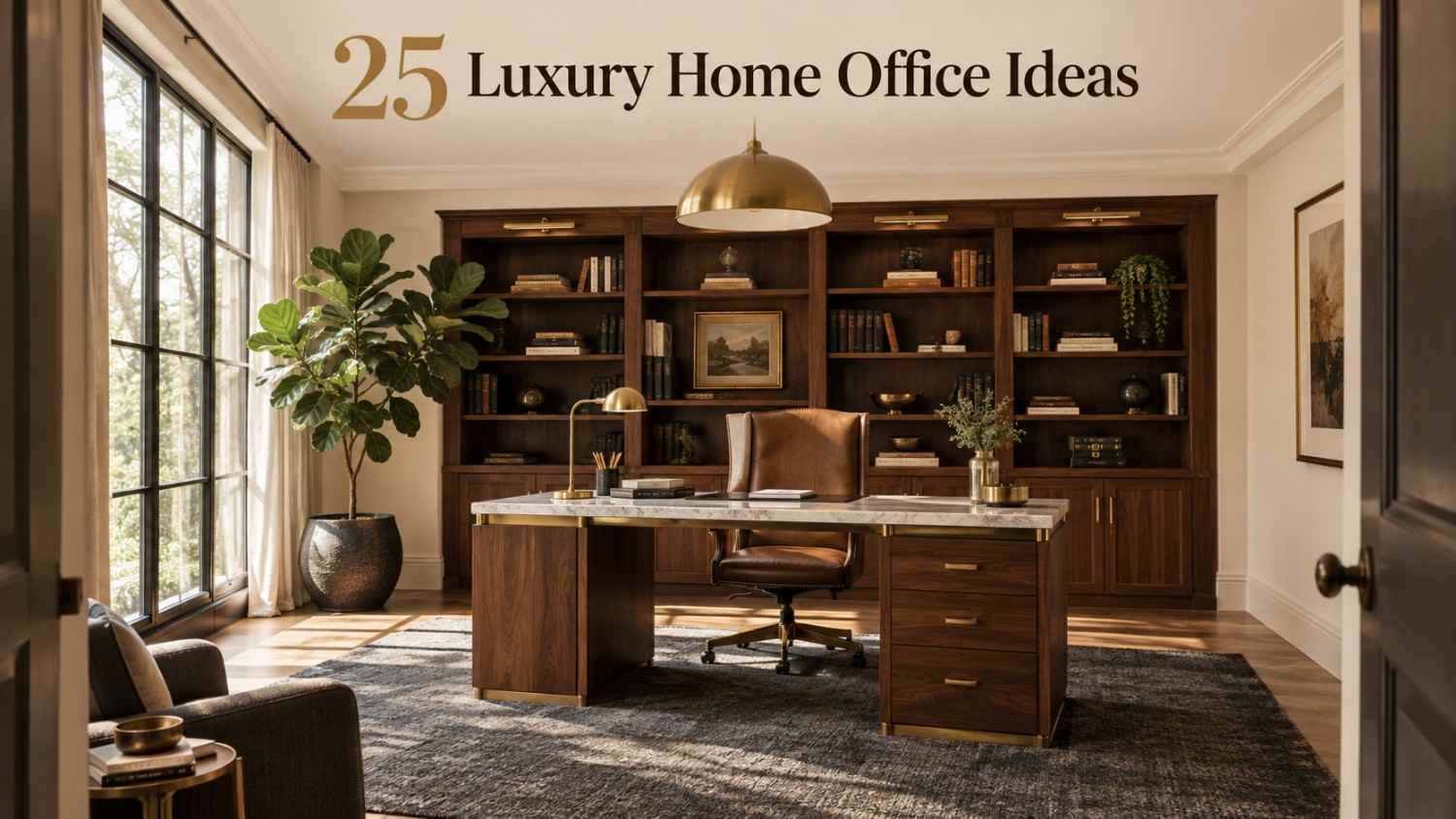 Sleek walnut and brass home office with built-in bookcase and marble-top desk, an example of luxury home office ideas in warm neutral tones.