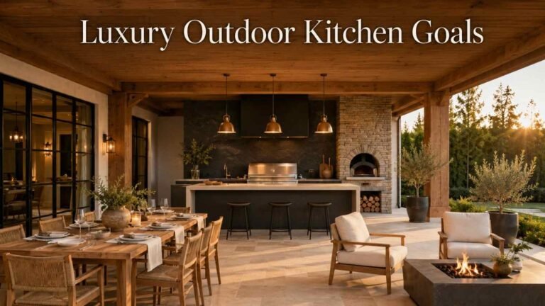 Luxury outdoor kitchen on a covered terrace with a charcoal stone island, steel grill, teak dining table and fire lounge at golden hour.