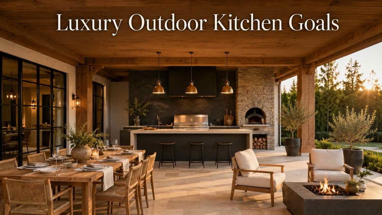 Luxury outdoor kitchen on a covered terrace with a charcoal stone island, steel grill, teak dining table and fire lounge at golden hour.
