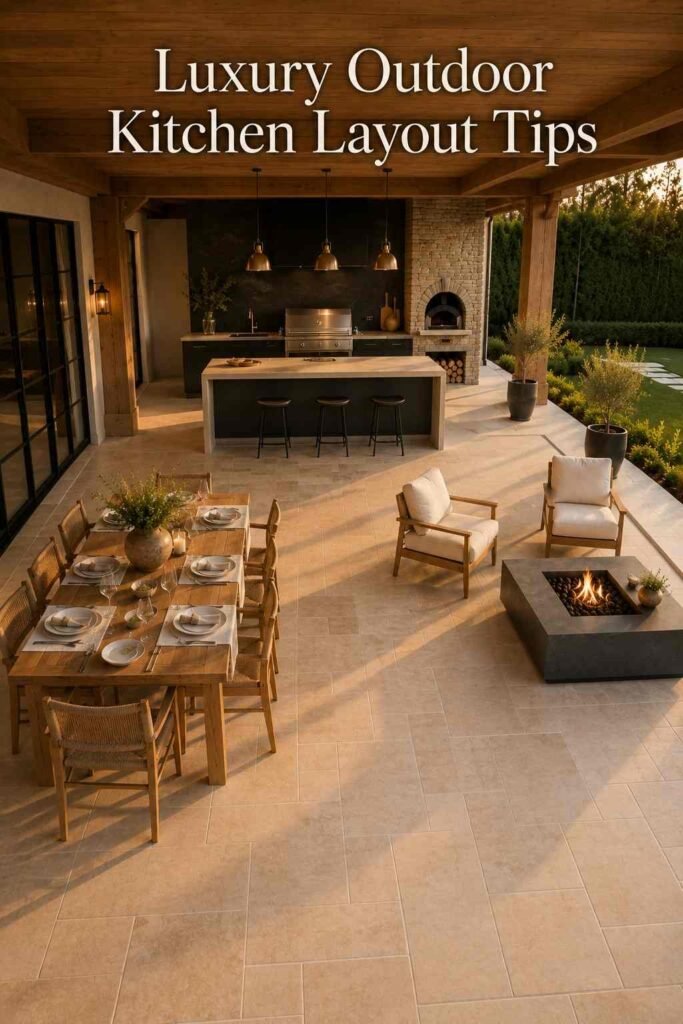 Luxury Outdoor Kitchen Ideas That Turn Your Backyard Into a Private Retreat 6 Elevated view of a covered terrace layout with a stone kitchen island, bar stools, teak dining table and fire lounge.