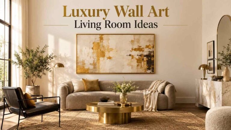 Gallery-style living room with an oversized abstract canvas in a gold frame above a taupe sofa.