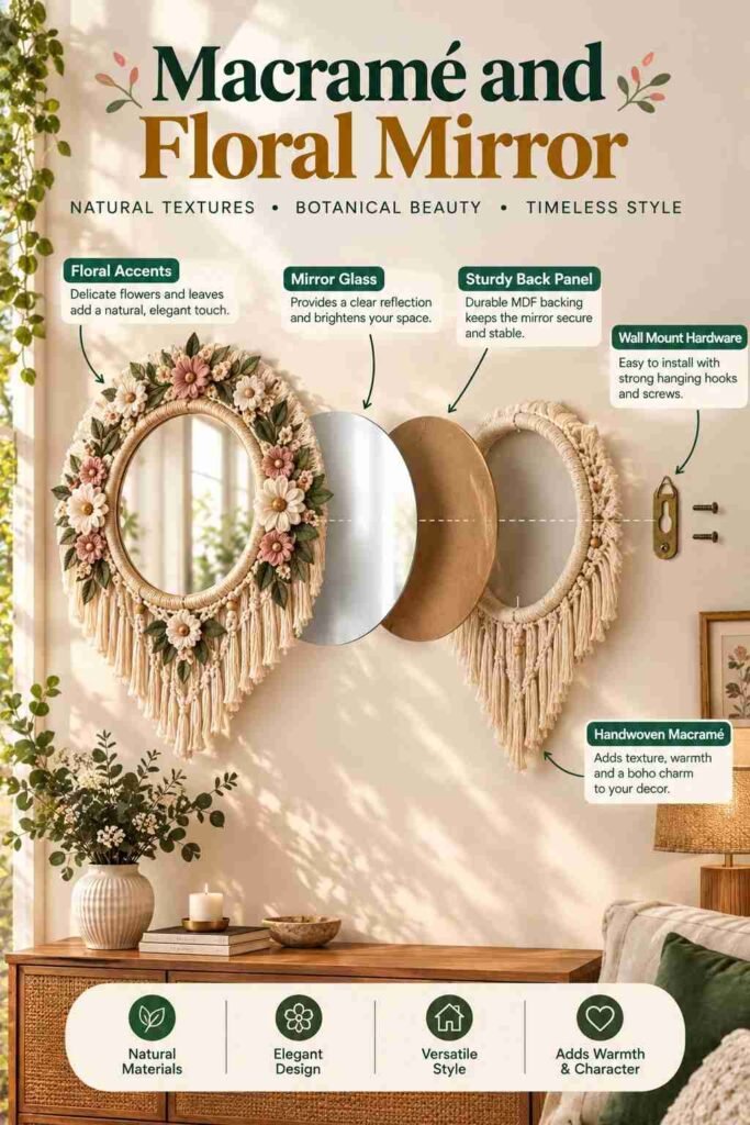 Luxury Floral Wall Mirror Ideas to Transform Your Home in 2026 8 Macramé and floral mirror with woven detailing and botanical accents in a warm boho interior.