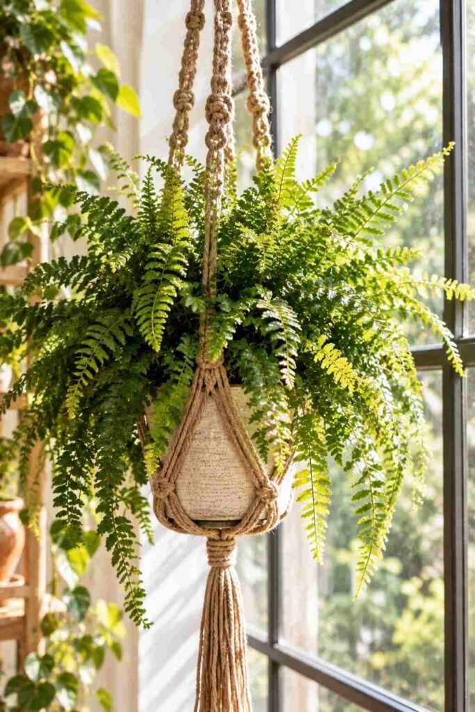 Lush Fern Sunroom Ideas to Turn Any Room Into a Living Retreat (Ideas, Plants & Care Tips) 16 Fern in a macrame hanger in a lush fern sunroom
