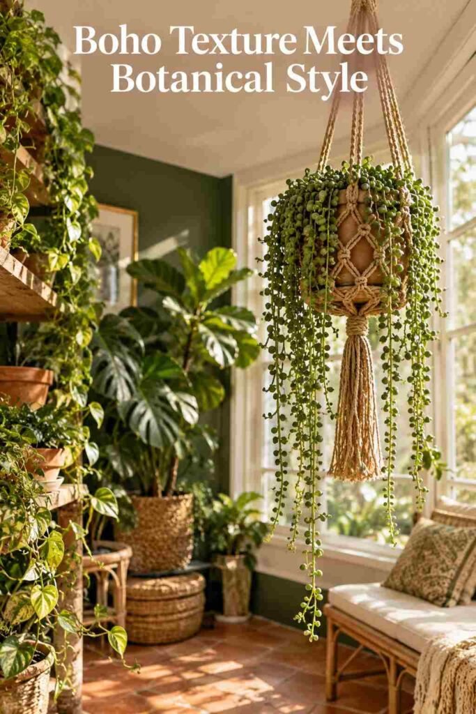 Close-up of a woven macramé plant hanger with trailing string-of-pearls foliage near a window.