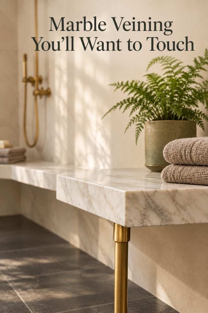 Close-up of white marble bench surface veining beside a slim brass leg joint.