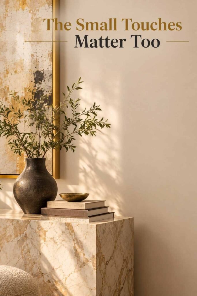 Luxury Wall Art Living Room Ideas to Transform Your Space in 2026 5 Marble console table styled with a charcoal vase and books beneath a gold-framed canvas.