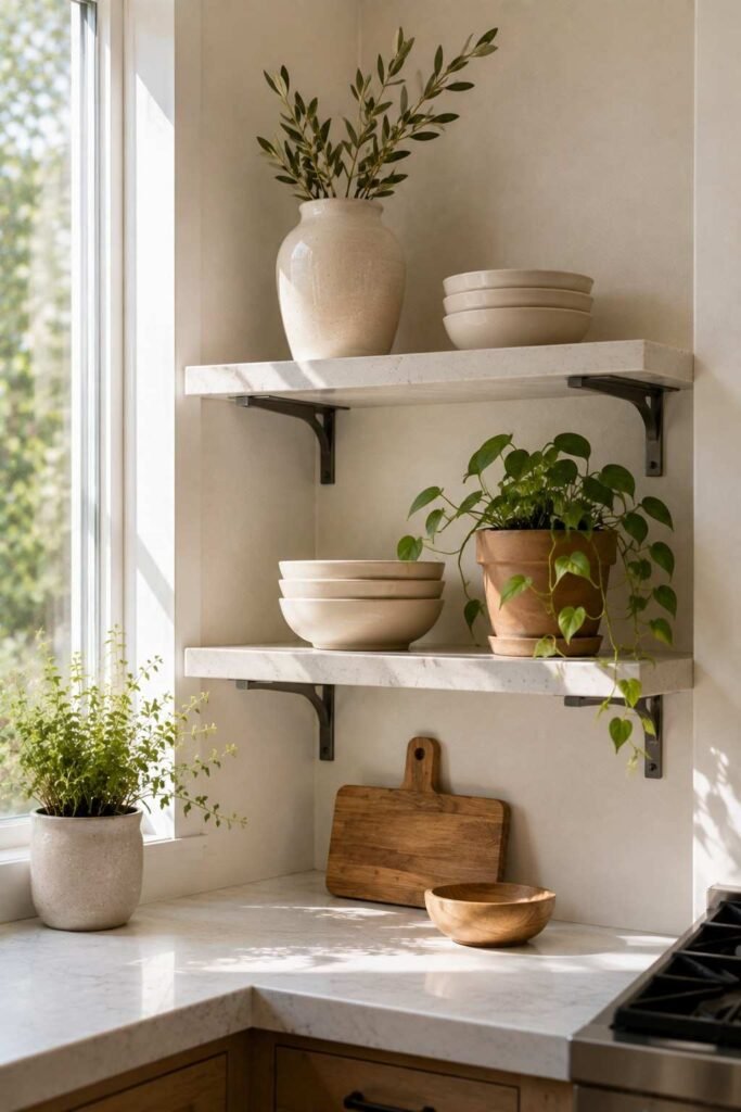 26 Kitchen Open Shelving Ideas for Corners: Styles, Sizes and Layouts 18 Thin marble slab corner shelf on strong steel brackets in a kitchen