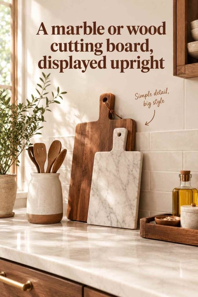 Kitchen Counter Decor Ideas to Transform Your Kitchen in 2026 4 Marble and wood cutting boards displayed upright on a warm kitchen counter.