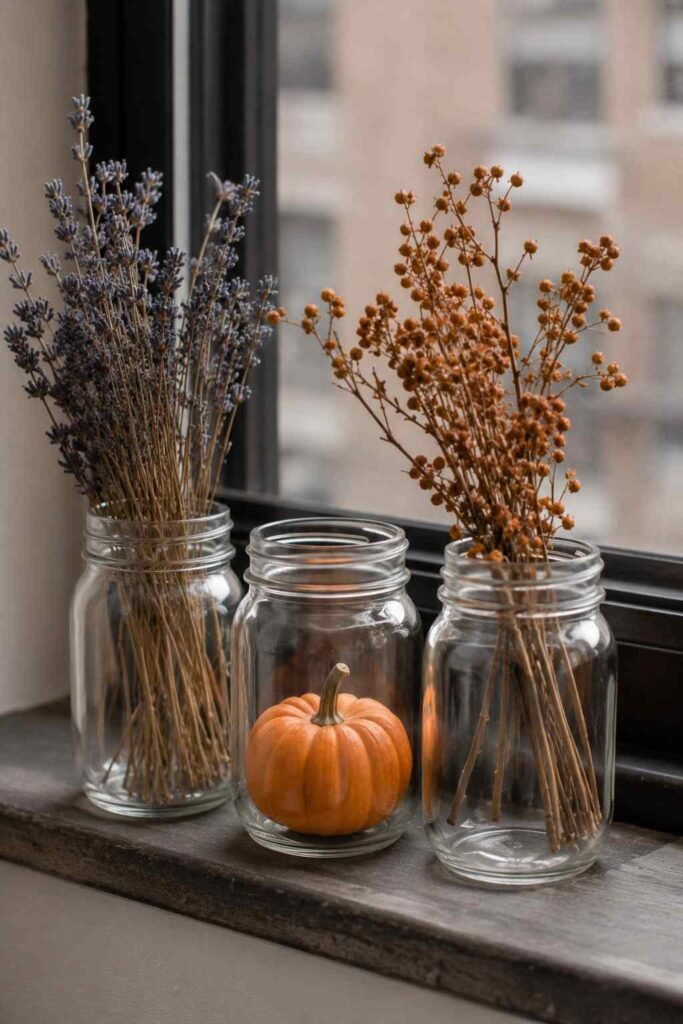 Halloween Window Boxes: Spooky, Elegant & Budget-Friendly Ideas for Every Home 19 Mason jars used as mini Halloween window boxes on an apartment sill