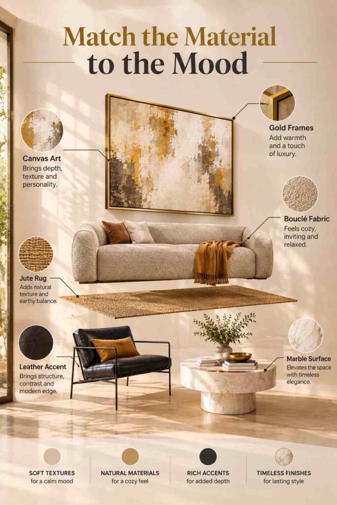 Luxury Wall Art Living Room Ideas to Transform Your Space in 2026 4 Exploded-view living room showing how boucle, jute, leather, marble, canvas art, and gold frames create different moods.