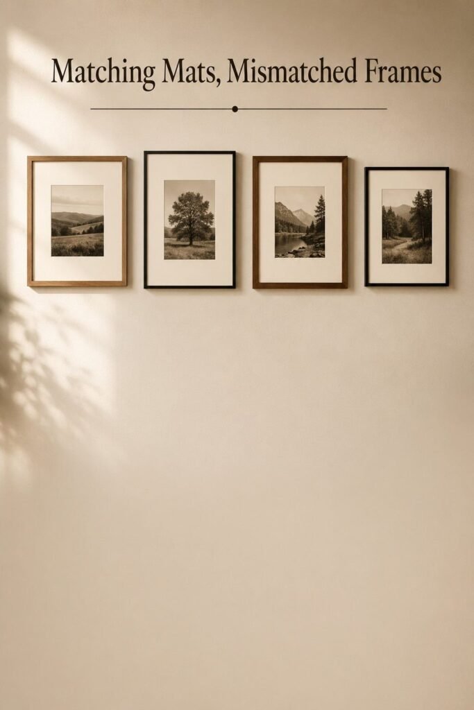 Four picture frames in different finishes unified by identical wide cream mat borders.