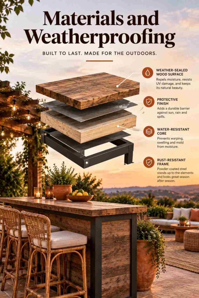 Materials and weatherproofing details for a stylish outdoor backyard bar with reclaimed wood and a rust-resistant metal frame.