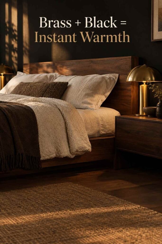 Black Bedroom Wall Ideas That Turn a Plain Room Into a Retreat 2 Brass bedside lamp glowing against a matte black bedroom wall with linen pillows.