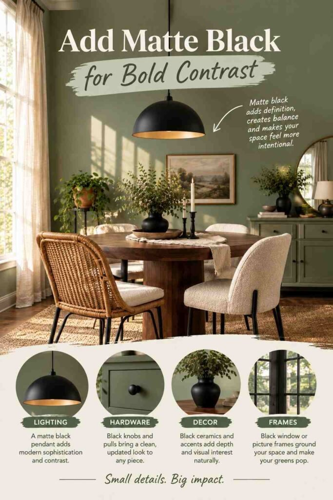 Matte black pendant light, vase, candlesticks, and hardware adding bold contrast to a sage green dining room.