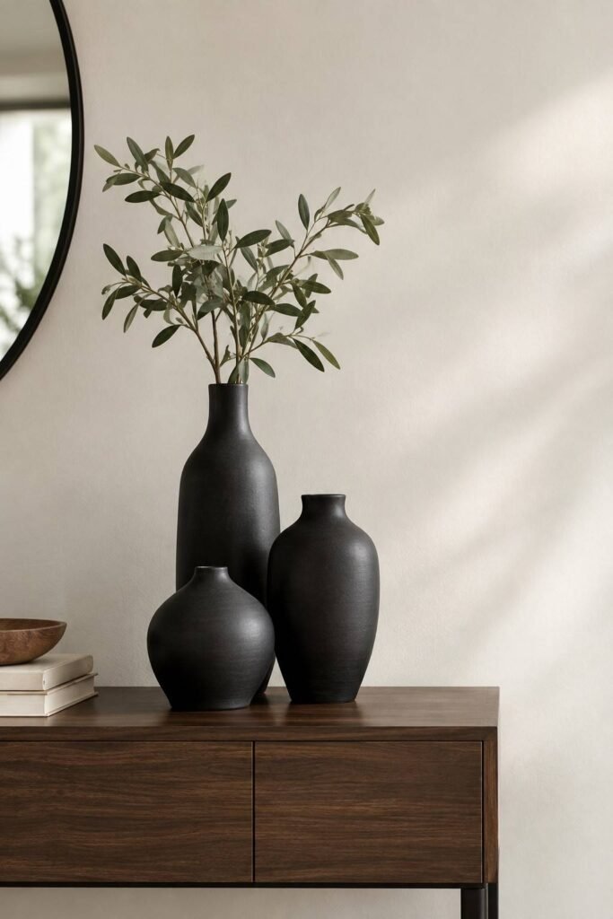 Halloween Decor for Entry Table Ideas to Welcome Guests Spooky, Elegant & Budget-Friendly 14 Three matte black ceramic vases in graduating heights on a minimalist entry table