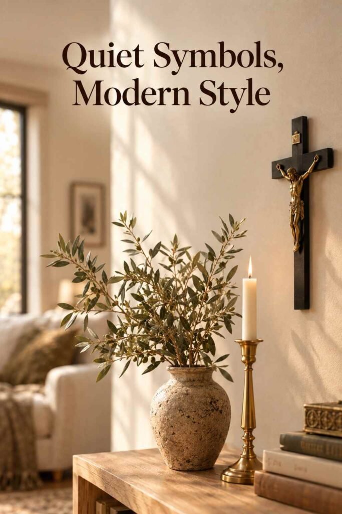 Close-up of a matte black wall crucifix beside a lit gold candlestick and sage olive branch.