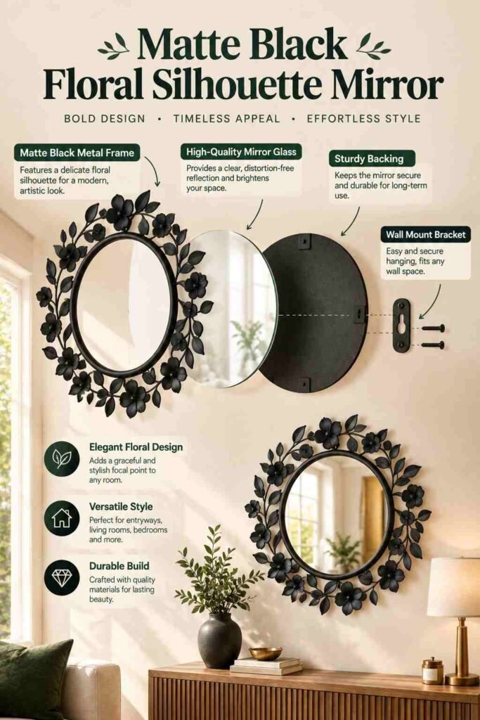 Luxury Floral Wall Mirror Ideas to Transform Your Home in 2026 7 Matte black floral silhouette mirror with delicate leaf and flower detailing in an elegant interior.