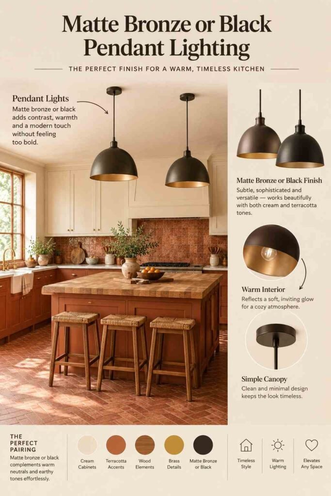 Matte bronze and black pendant lights over a terracotta kitchen island with cream shaker cabinets, brass accents, and warm wood details.