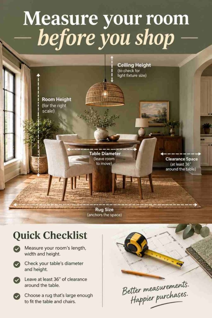 Round Dining Table Ideas to Transform Your Dining Space in 2026 2 Dining room measurement guide showing how to measure room size, table diameter, rug size, and clearance before shopping for furniture.
