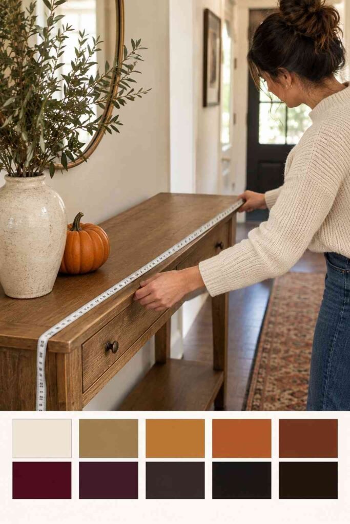 Halloween Decor for Entry Table Ideas to Welcome Guests Spooky, Elegant & Budget-Friendly 2 Measuring an entry table before adding Halloween decor