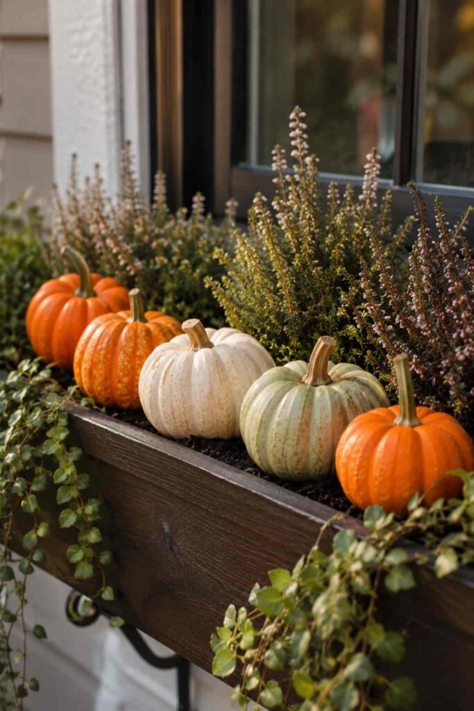 Fall Window Box Ideas to Turn Your Porch Into an Autumn Showstopper 3 Miniature pumpkins clustered on a fall window box ledge.