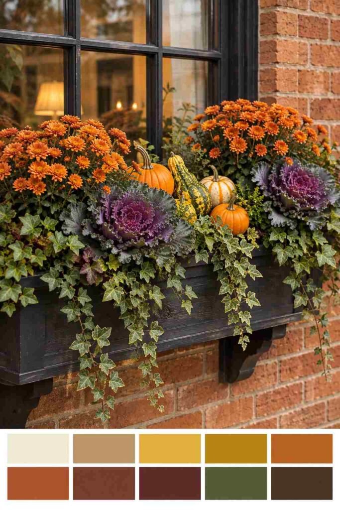25 stylish Autumn Window Boxes: pansies, violas, heuchera to Make Your Home Glow 15 Mini pumpkins and gourds in a fall window box with a warm harvest color palette strip