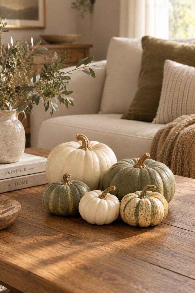 Fall Decor Indoor Ideas to Transform Your Home This Season That Actually Feel Warm 12 Small white and sage green pumpkins styled minimally on a coffee table for fall decor