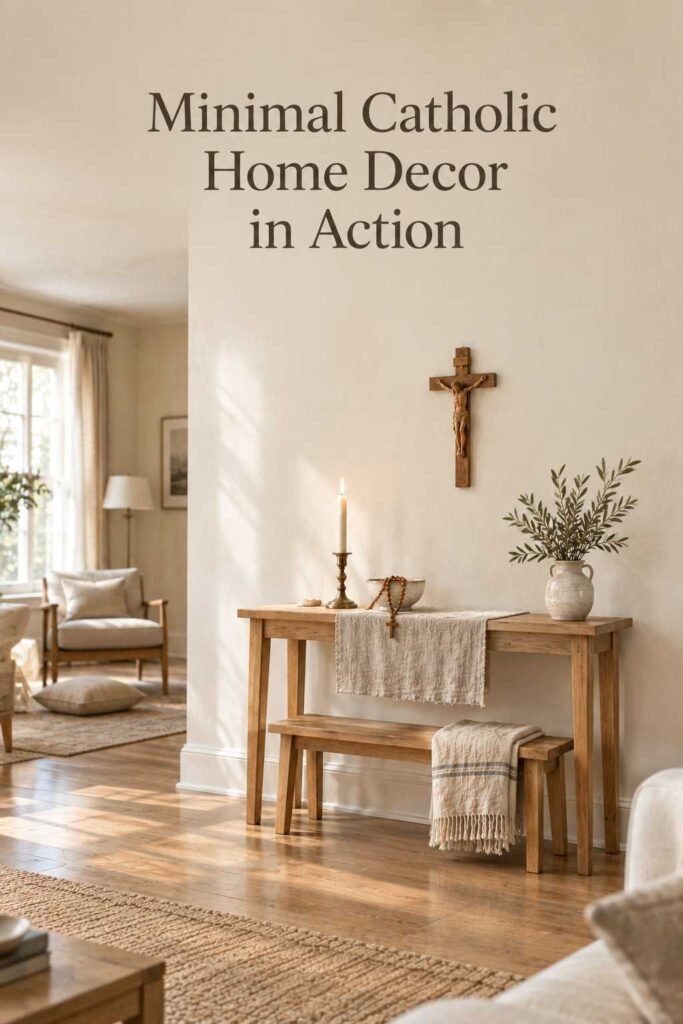 Minimal Catholic Home Decor Ideas for a Peaceful, Faith-Centered Home 9 Living room corner with a prayer console, wood bench, and reading chair in neutral, natural tones.