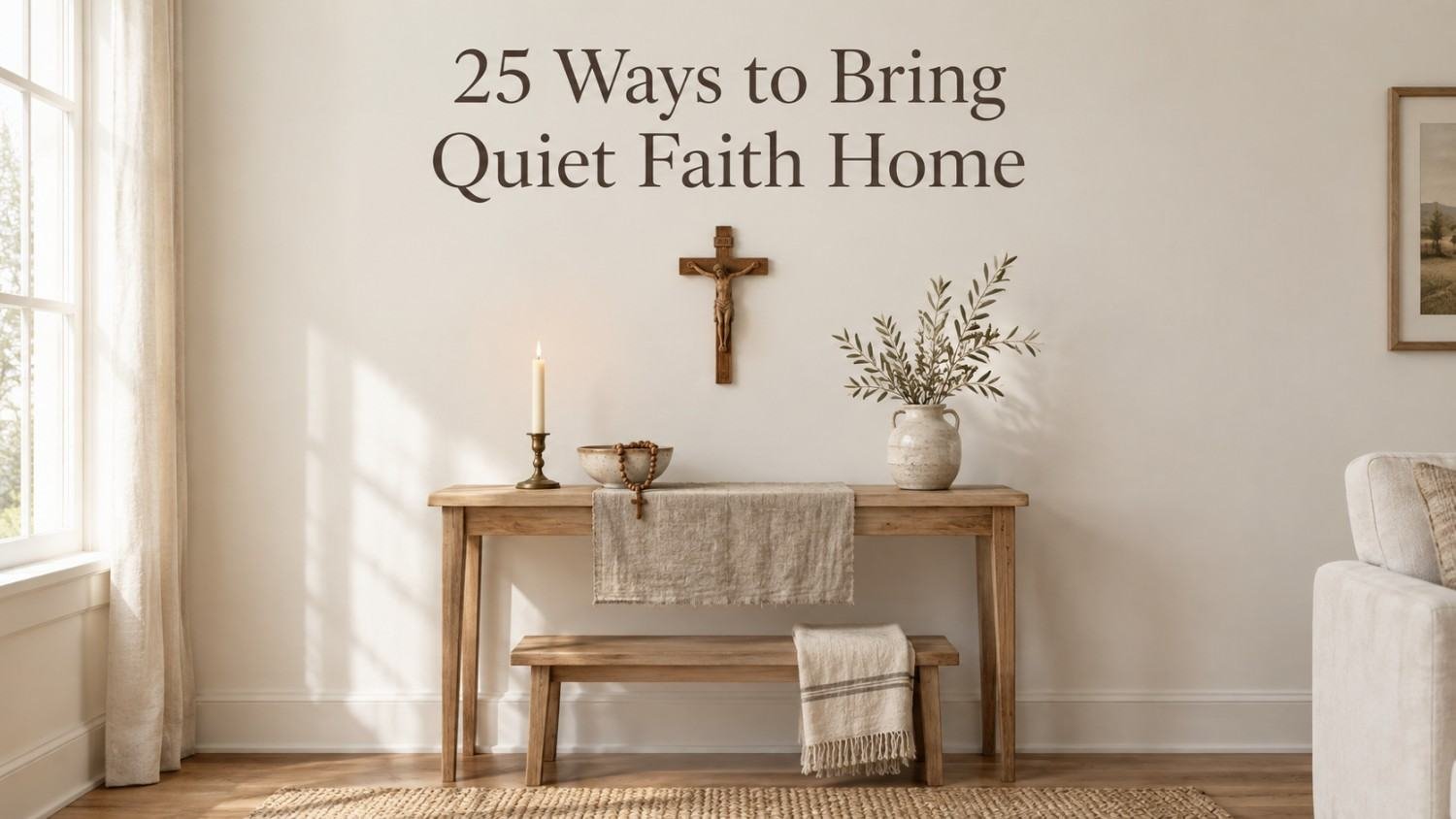 Minimalist living-room prayer corner with a wood crucifix, lit candle, and linen runner on a blonde wood console.