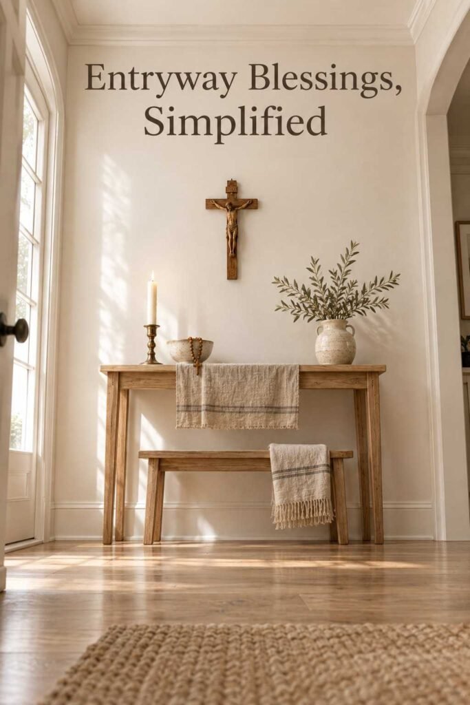 Minimal Catholic Home Decor Ideas for a Peaceful, Faith-Centered Home 4 Low-angle view of an entryway crucifix mounted above a wood console with soft morning light.