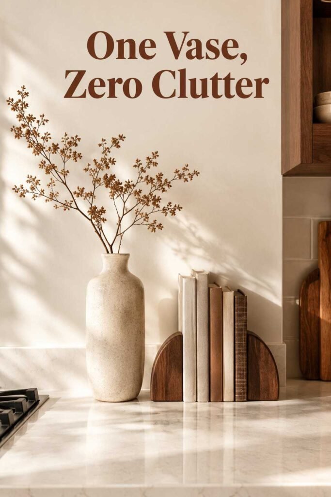Kitchen Counter Decor Ideas to Transform Your Kitchen in 2026 3 Close-up of a tall matte ceramic vase and stacked cookbooks styled on a white quartz kitchen counter.