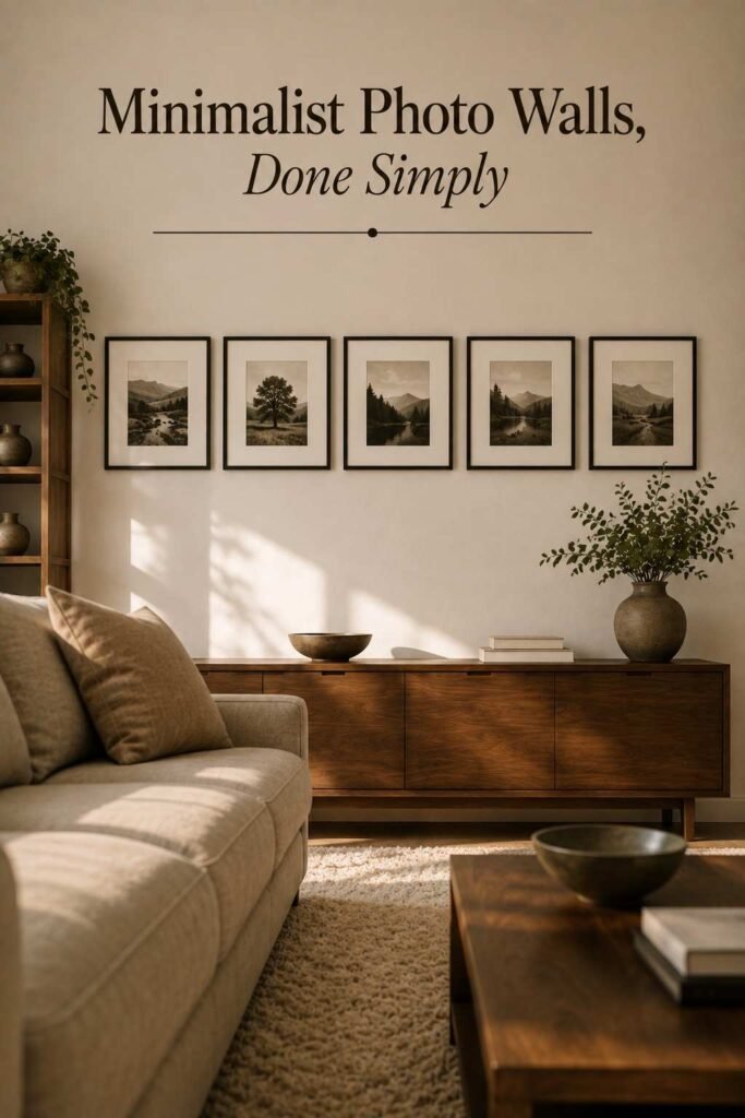 Five identical black frames arranged in a single horizontal row along a living room wall.