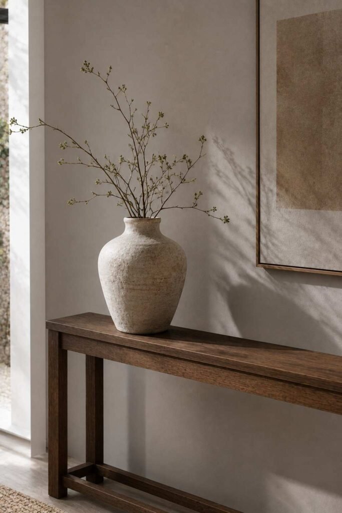 Single statement vase for cozy console table styling in small space