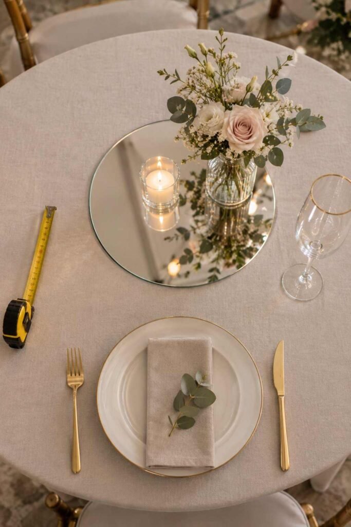 Overhead view of a round mirror base sized correctly on a wedding table with place settings.