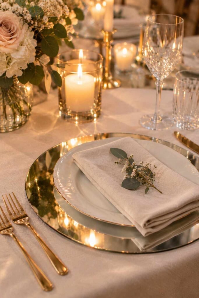 Mirror charger plate at a wedding place setting catching candlelight.
