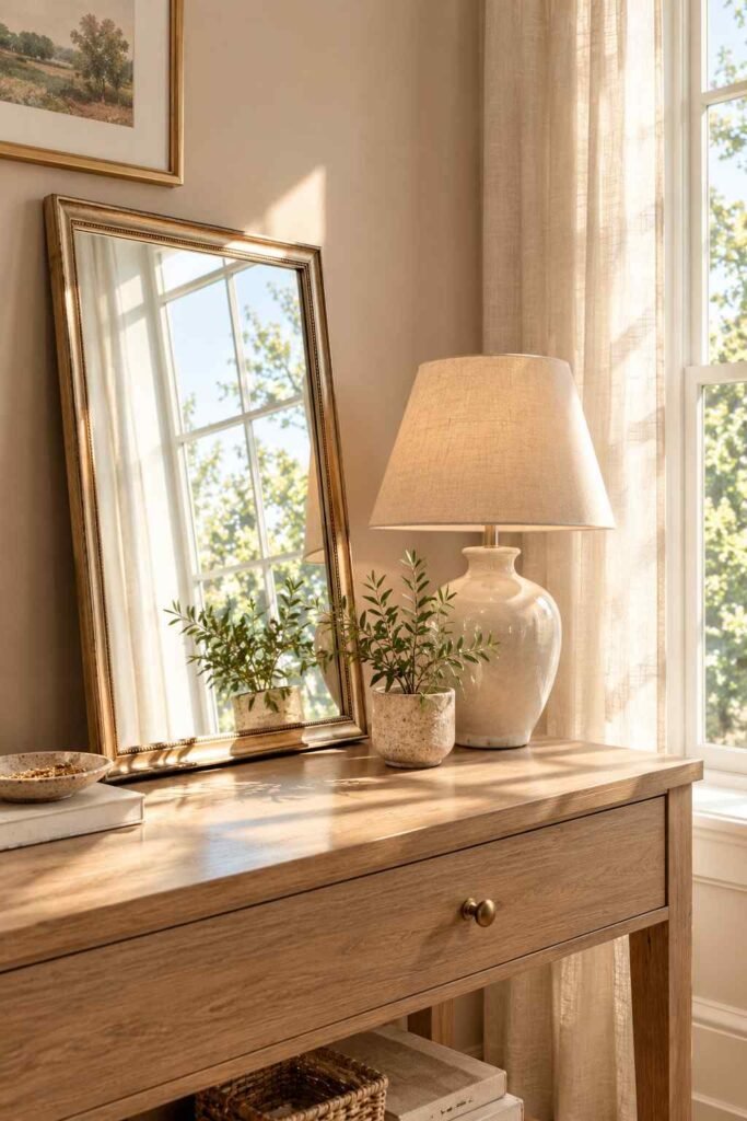 Mirror Table Decor Bedroom: 26 Stylish Ideas for Nightstands, Dressers & Vanities 2 Tabletop mirror angled toward a bedroom window to reflect daylight