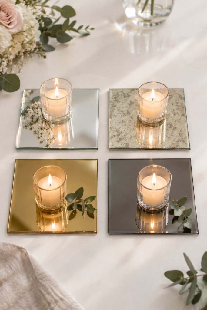 Four mirror finishes for wedding tables: clear, antiqued, gold-toned, and smoky glass.