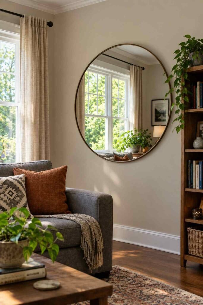 25 Dark Living Room Ideas to Brighten Your Home Without a Renovation 10 Large mirror opposite a window reflecting natural light into a dark living room