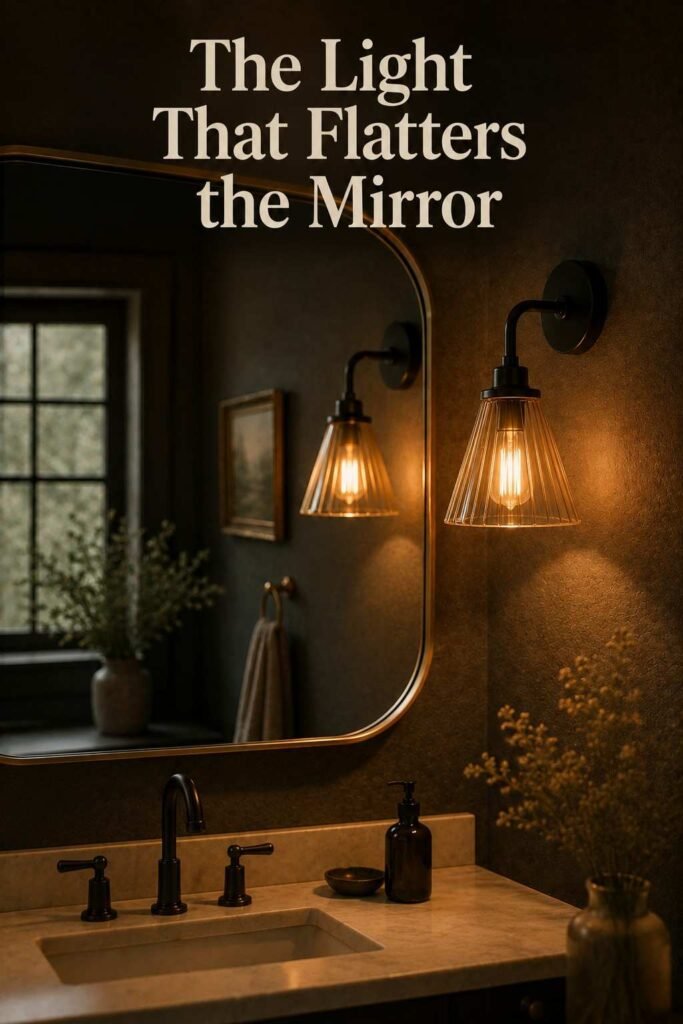 Reflection of a warm amber wall sconce doubled in a bathroom mirror against a dark grey wall.