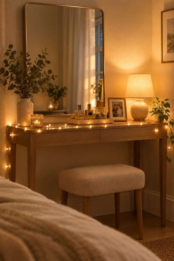Mirror Table Decor Bedroom: 26 Stylish Ideas for Nightstands, Dressers & Vanities 20 Mirror table decor bedroom setup with warm string lights and a framed photo