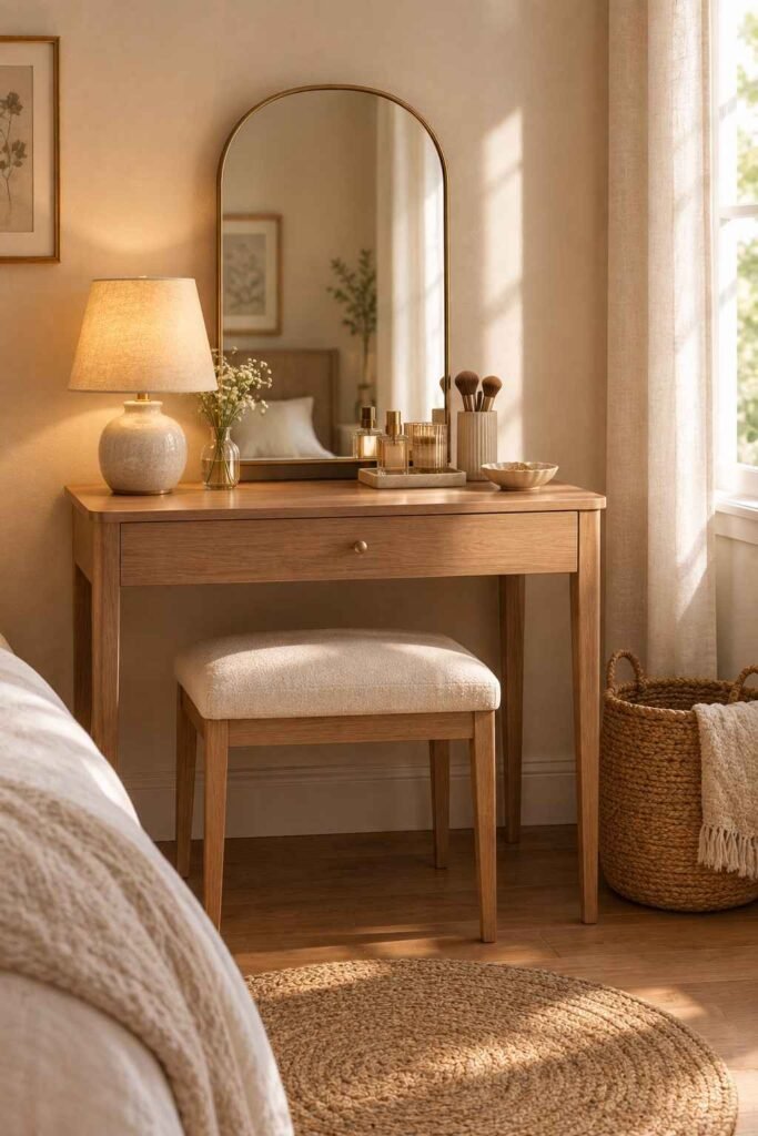 Mirror Table Decor Bedroom: 26 Stylish Ideas for Nightstands, Dressers & Vanities 15 Getting-ready nook with a mirror, cushioned stool and textured rug