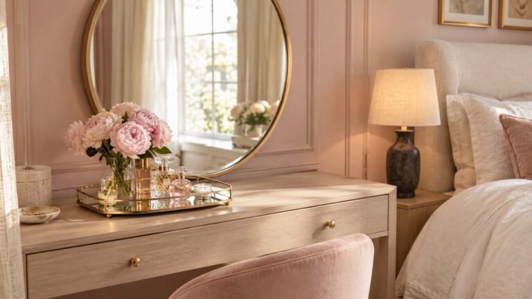 Soft glam mirror table decor bedroom with a gold round mirror, mirrored tray and blush peonies
