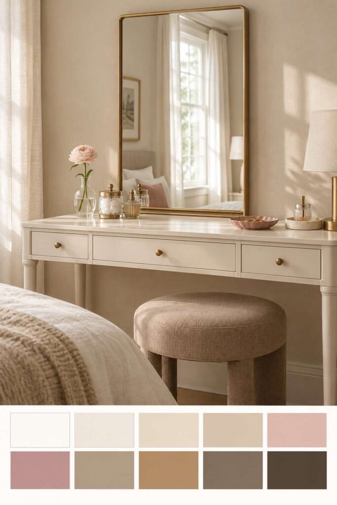 Mirror Table Decor Bedroom: 26 Stylish Ideas for Nightstands, Dressers & Vanities 12 Neutral bedroom vanity with a brass-framed mirror and taupe stool, with a 10-color palette strip below
