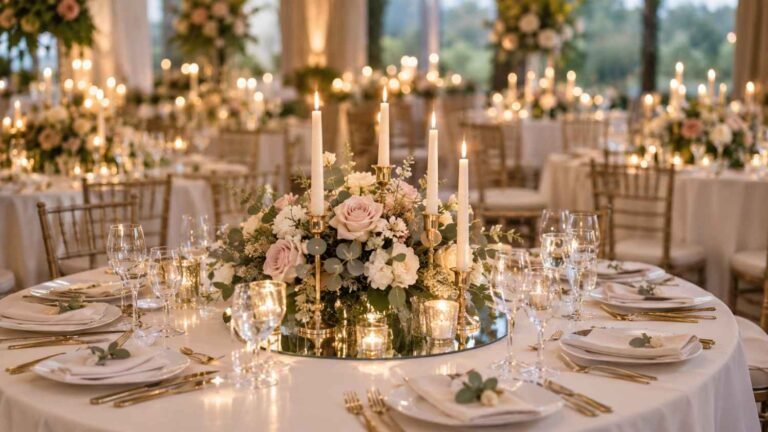 Mirror table decor wedding ideas, reception with blush roses and candles