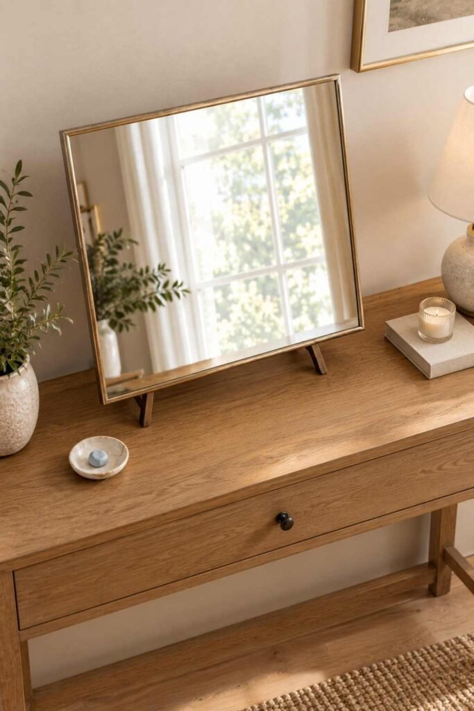 Mirror Table Decor Bedroom: 26 Stylish Ideas for Nightstands, Dressers & Vanities 4 Mirror sized to about two-thirds of a bedroom table's width on an easel stand