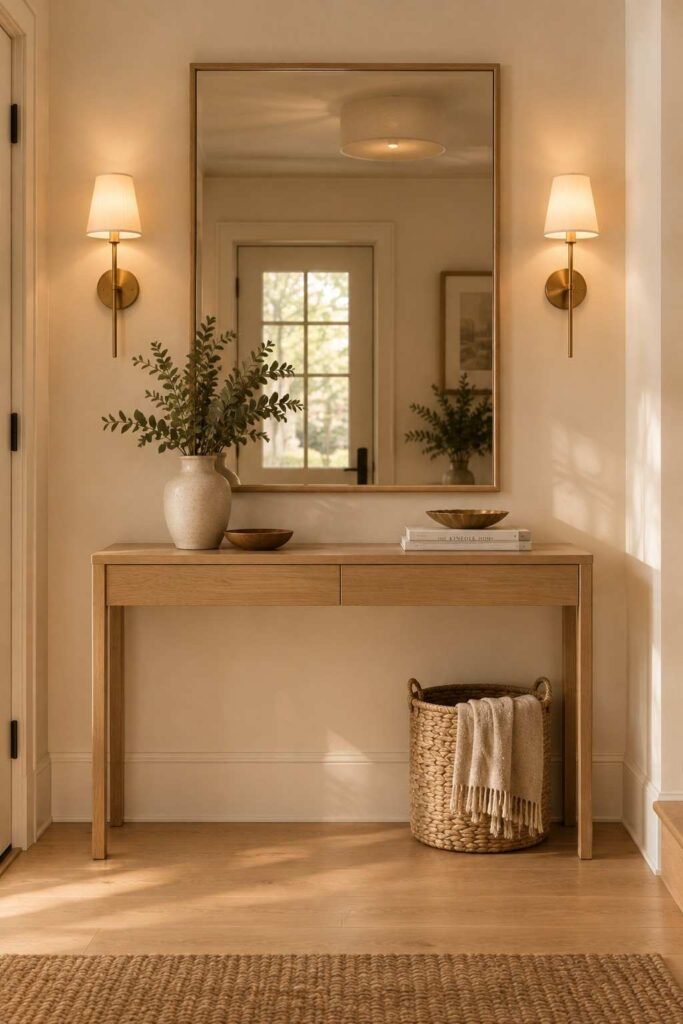 Large wood-framed mirror with two wall sconces above a slim console in a Nordic hallway