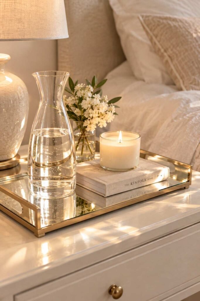Mirror Table Decor Bedroom: 26 Stylish Ideas for Nightstands, Dressers & Vanities 5 Mirrored tray on a nightstand holding a water carafe, book and candle