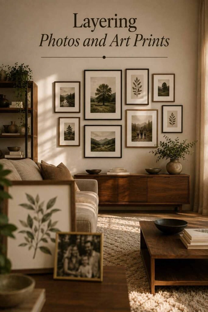 Framed botanical print layered beside a family photo on a living room gallery wall.
