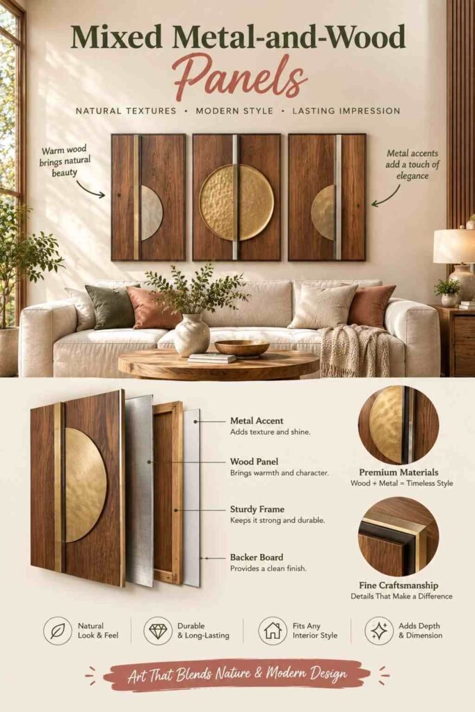 Mixed metal-and-wood wall panels combining warm wood grain with metallic accents in a modern living room.